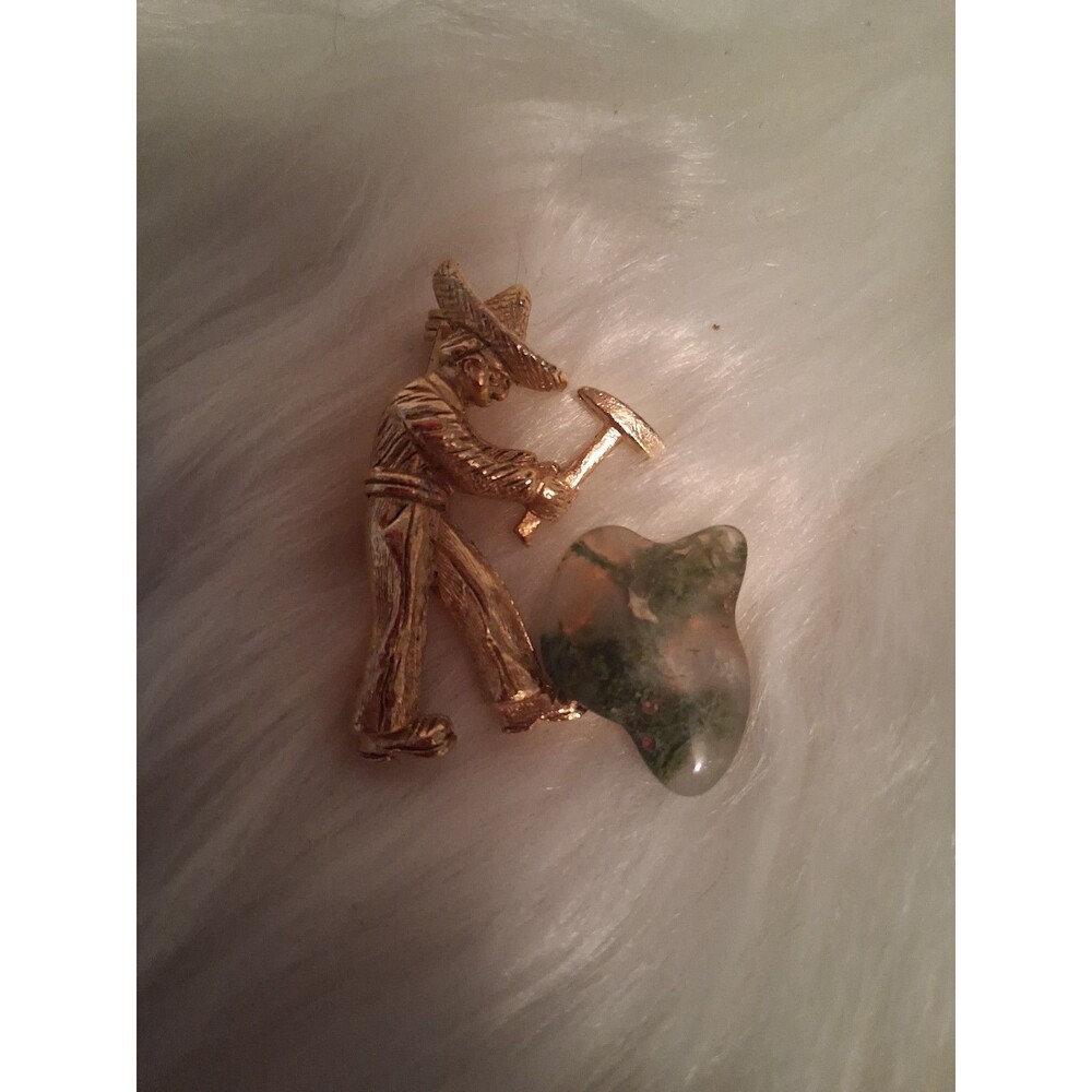 Vintage Brooch Mexican Man With Sombrero And Pick Axe Cracking Jasper